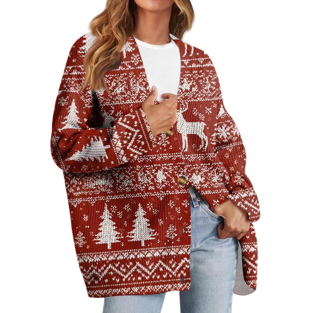 Women's Fashion Long Sleeve Christmas Print V-Neck Button Loose Cardigan Top