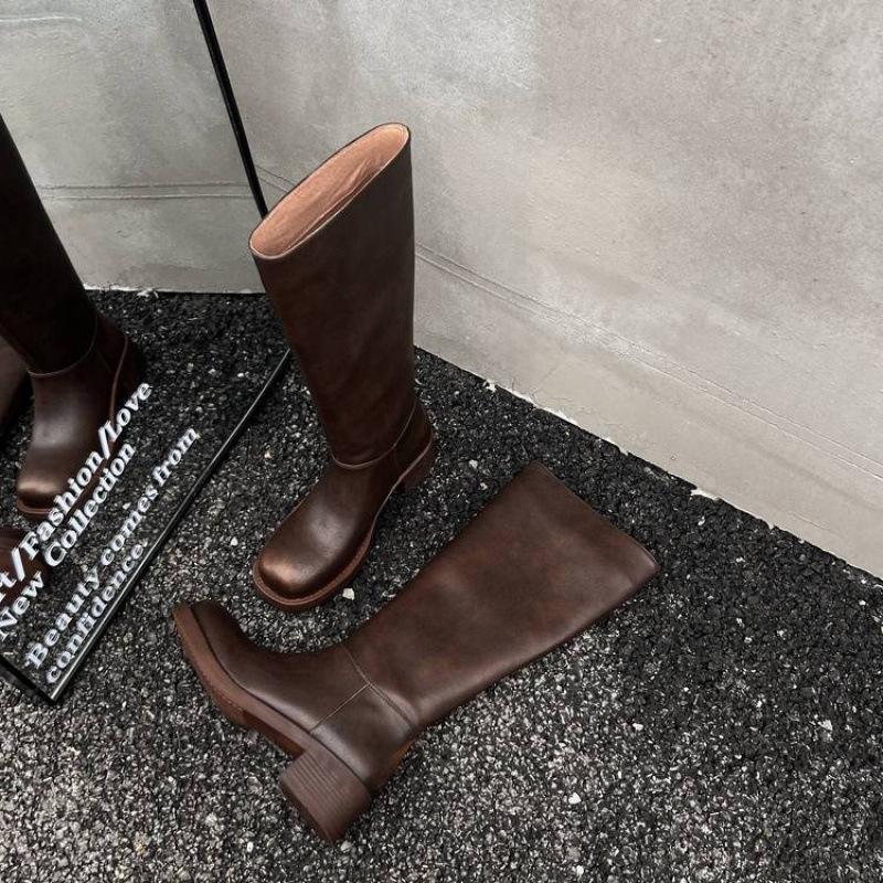 New women's leather Martin boots solid color thick-soled non-slip cowhide high boots medium heel large size women's boots sleeve leather boots