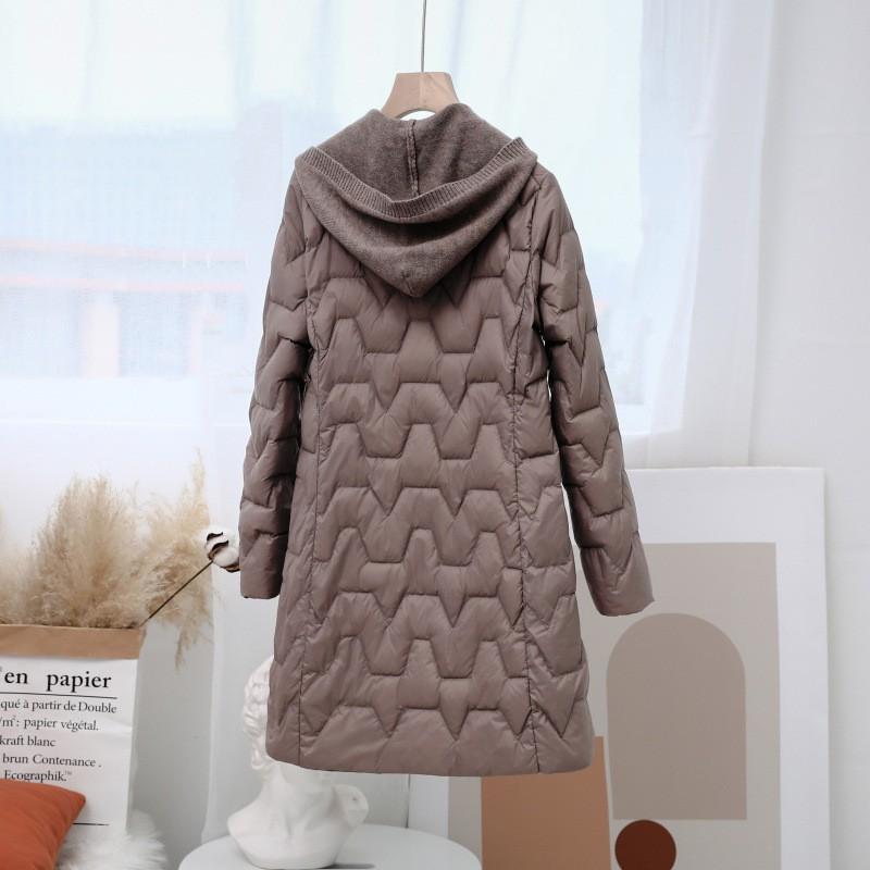 Womens Lightweight Hooded Down Jacket Mid-Length Knit Collar Casual Coat 2025