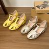 French Retro Woven Hollow Breathable Bag Head Sandals Women's Spring and Summer New Thick Heel One-word Buckle Strap Roman Shoes