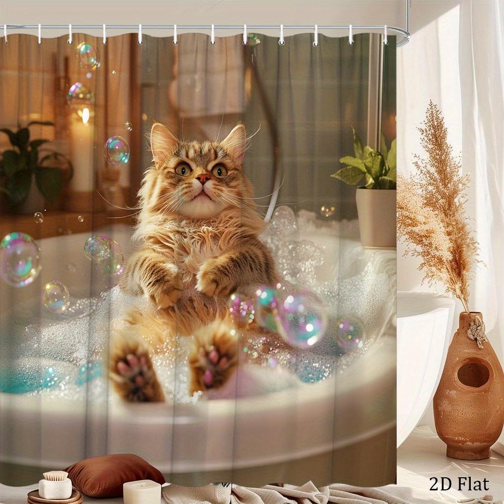 Cute Cat Bubble Shower Curtain Waterproof Polyester Bathroom Decor Shower Screen Pet Themed Home Accessories Gift Ideas