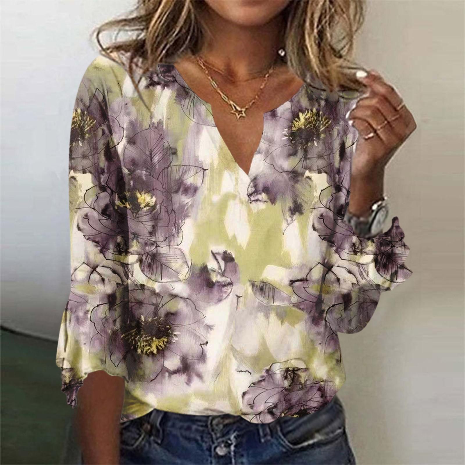 

Жіночий верхній вільний повсякденний блузка з V-подібним вирізом і принтом, футболка з рукавом 3/4 у дзвіночок XL жовтий