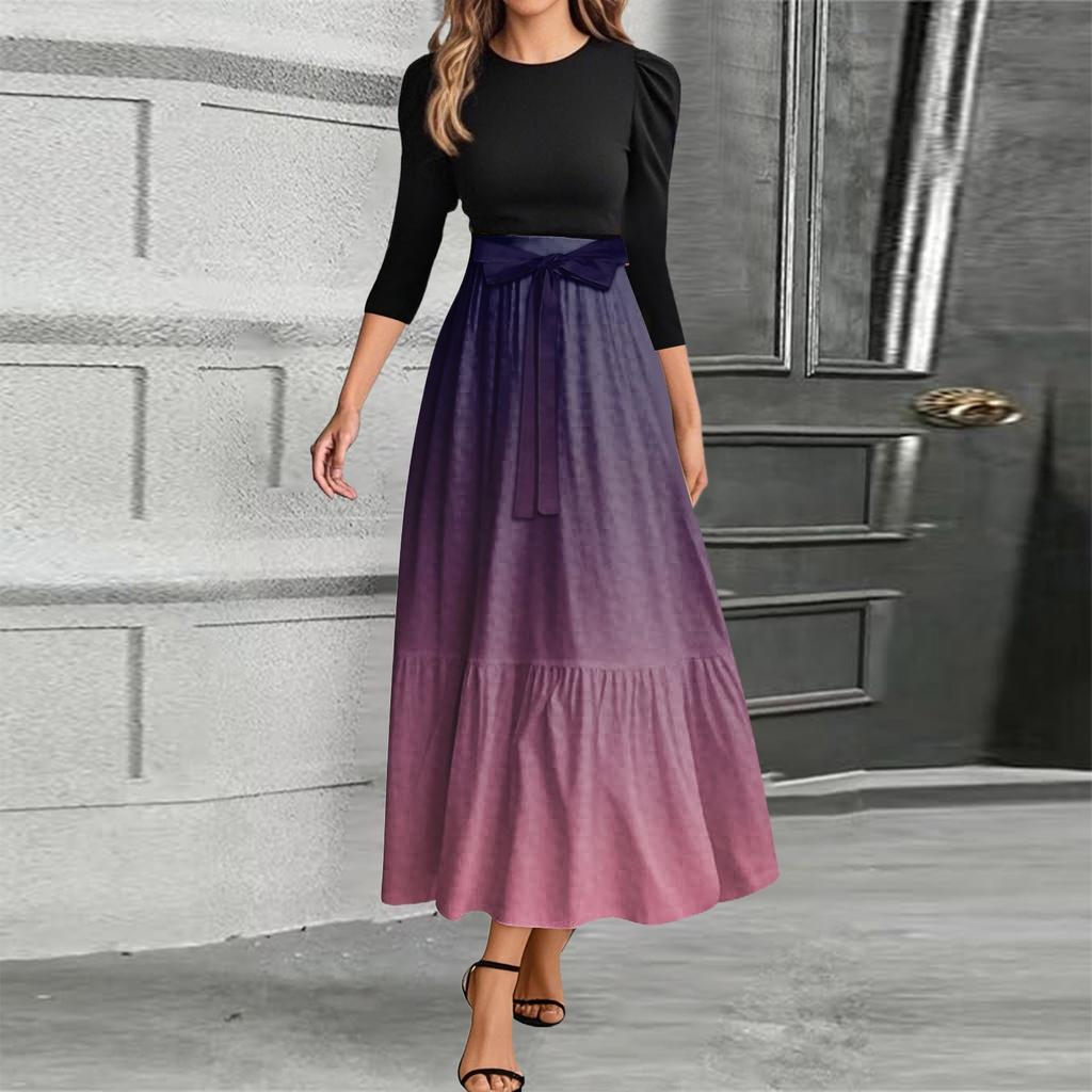 Women's Fashion Casual Belt Round Neck Gradient Splicing Elegant Temperament Three-quarter Sleeve Dress