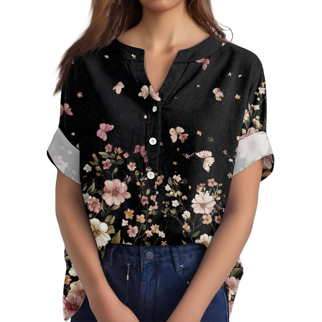 Women's Cotton Linen Round Neck Short Sleeve With Button Tops Printed T-shirt