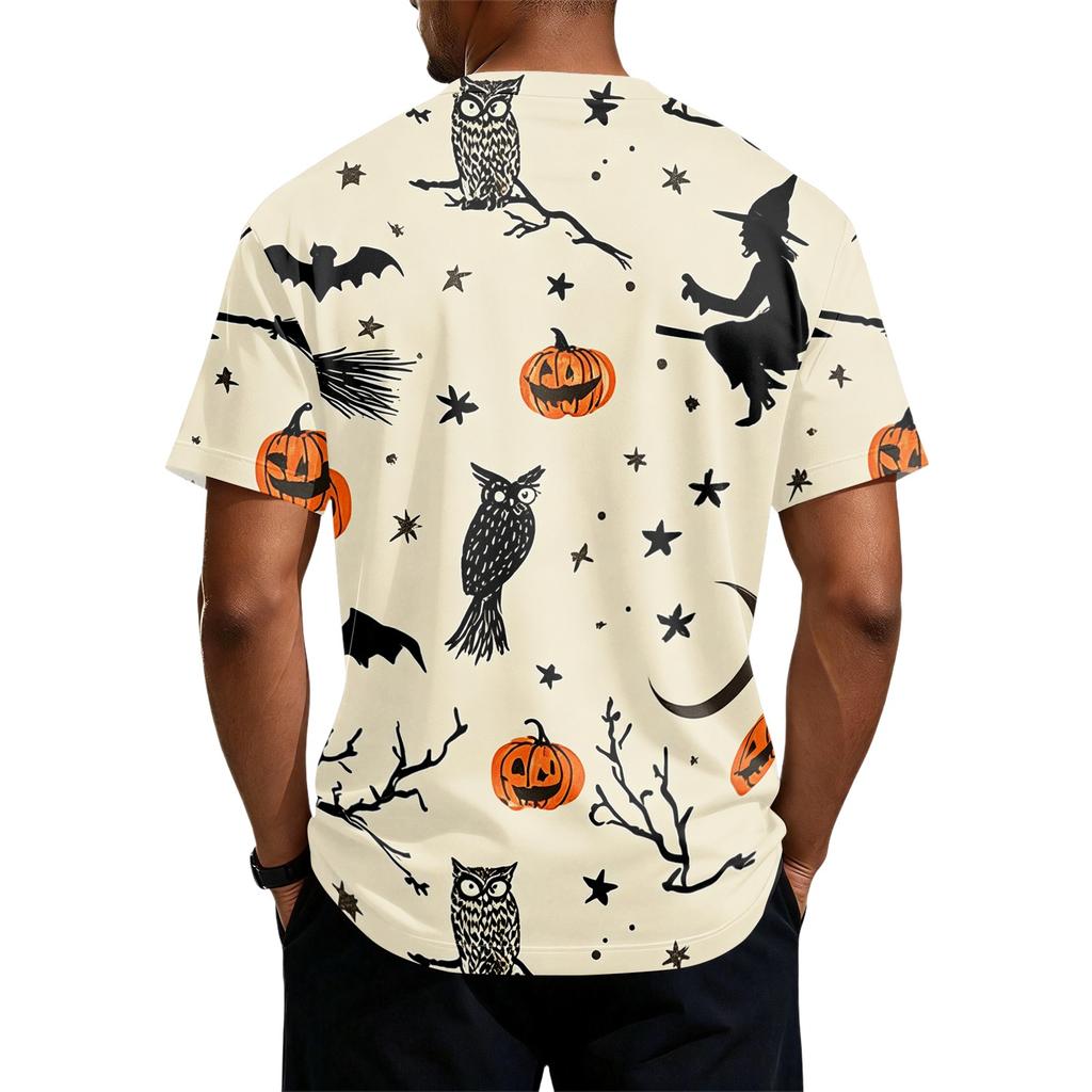 Men's Halloween Print Short Sleeve Henley Shirt Casual Round Neck Button Front Top for Seasonal Festive Wear
