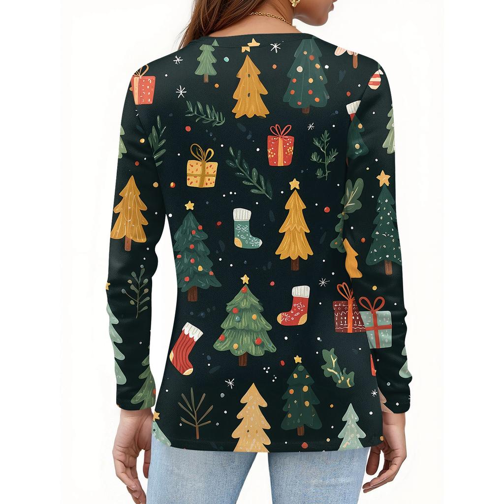 Women's T Shirt Tee Christmas Print Button Long Sleeve Daily Weekend Fashion Basic V- Neck Regular Top