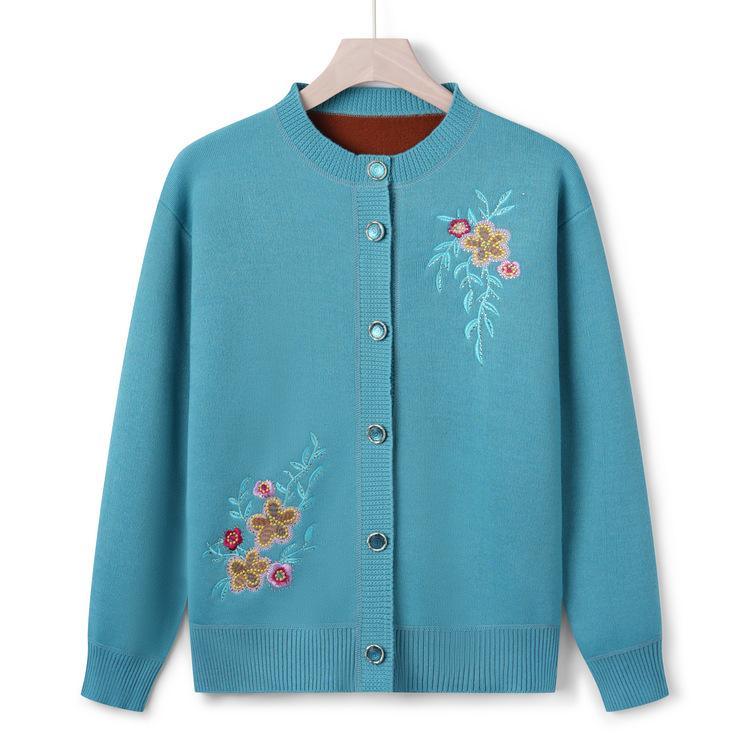 

Женский свитер-жакет для женщин среднего и пожилого возраста, осенняя одежда для матери, плюс размер, вышитая деловая одежда для пожилых бабушек 4XL синий