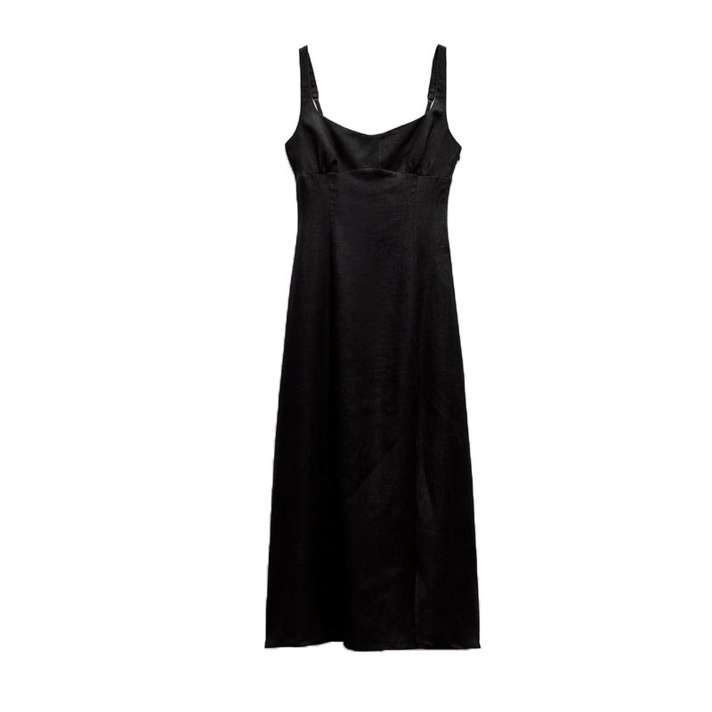 Spring NEW Round Neck Elegant Waist Hugging Split Linen Blend Shoulder Strap Length Dress 8265707 3314354