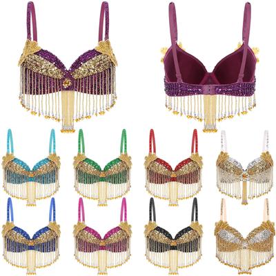 Damen Glitzer Pailletten Bauchtanz Top Verstellbare Träger Plastik Perlen Quasten Bügel BH