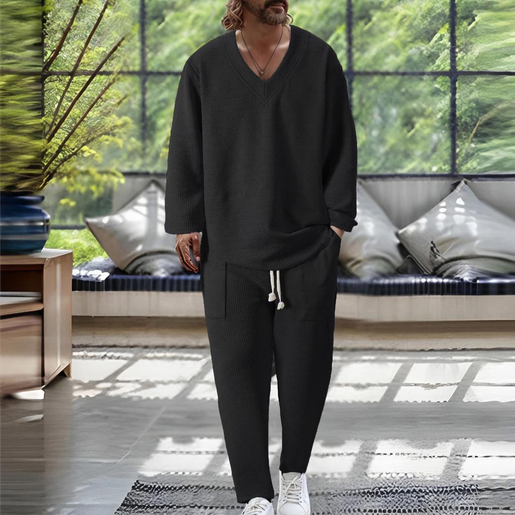 2026 Men's V-neck Casual Sports Suit: Spring/Autumn Loose Long Sleeve & Pants Set
