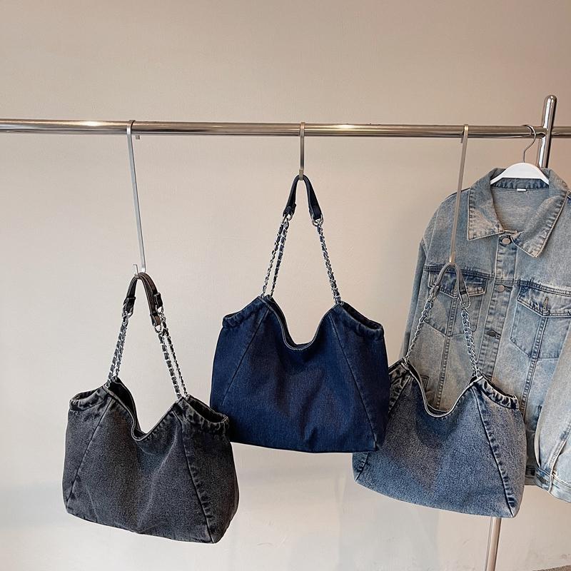 Large Capacity Tote Bag Women's Commuter Denim Shoulder Bag Chains Bag