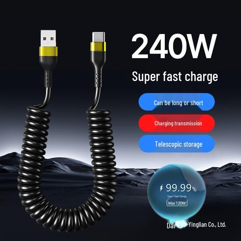 240W Super Fast Charging Retractable Type-C Cable, 6A, Compatible with Apple, Huawei, VIVO