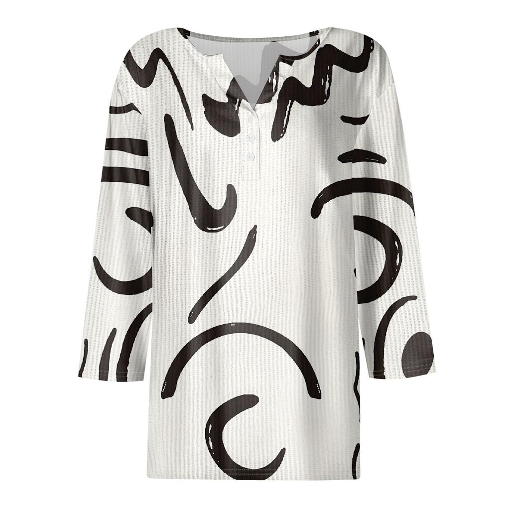 Women's T Shirt Tee  Print Button  3/4 Sleeve Knit Sweater Daily Weekend Fashion Basic V- Neck Regular Top