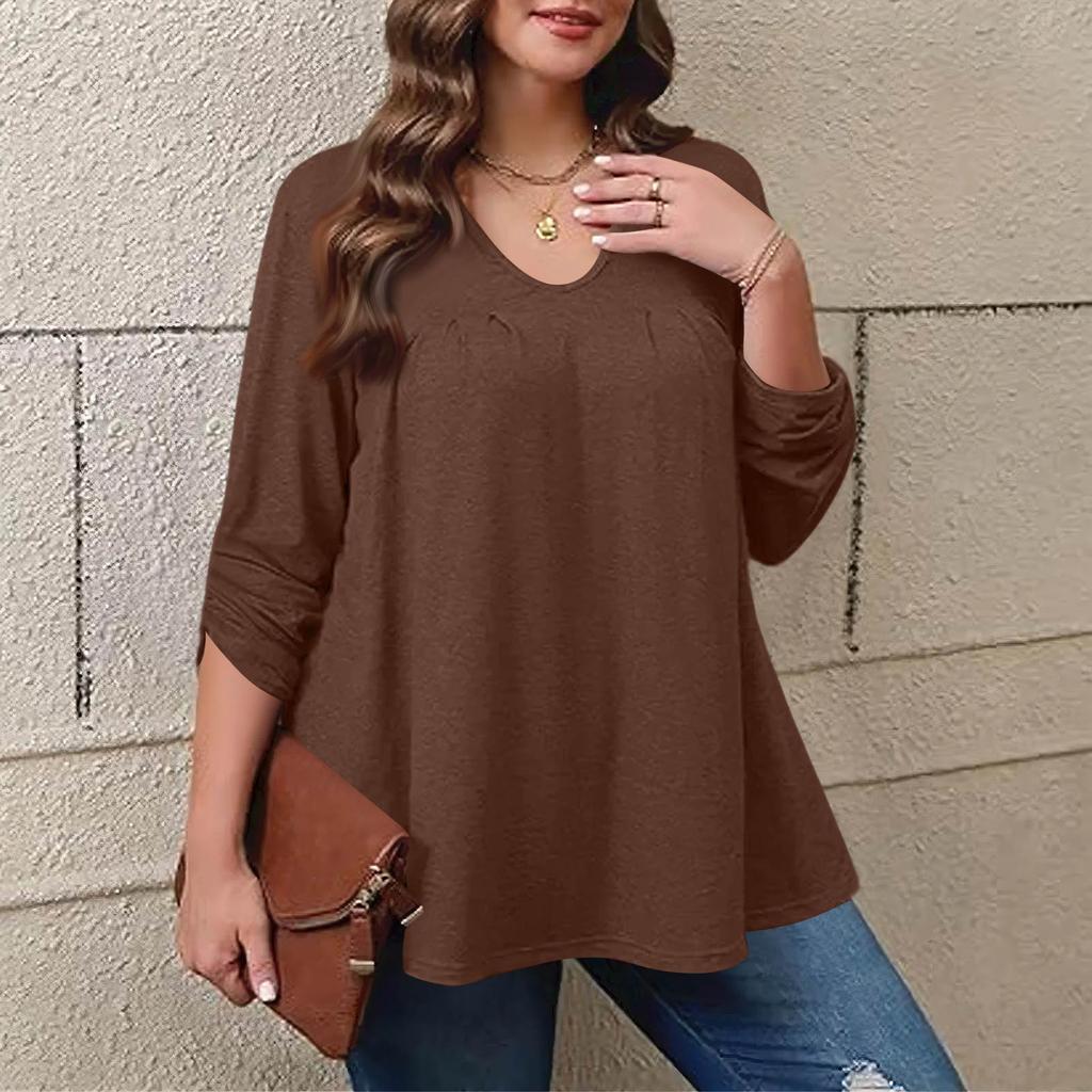 Dámská móda plus size Jednobarevný ležérní plisovaný top s kulatým výstřihem a dlouhým rukávem