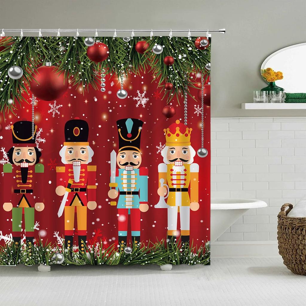 Christmas Shower Curtain Winter Snowman Snowflake Christmas Tree Red Truck Bell Red Bird Colorful Christmas Ball Bathroom Decor