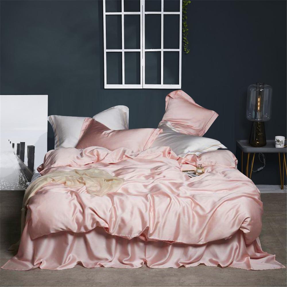 Lofuka Women Pink 100% Silk Bedding Set 6A Grade Silky Duvet Cover Set Queen King Flat Sheet Pillowcase Bed Linen Set 4PCS