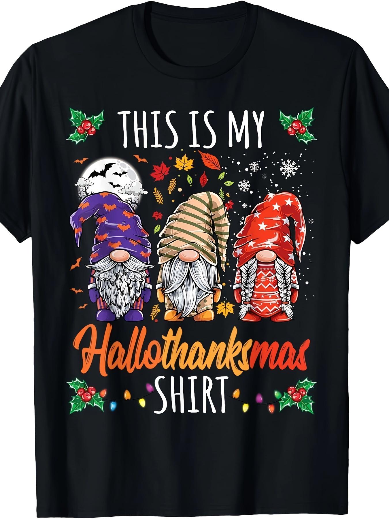 

Halloween Thanksgivingwith 3 Festive Gnomes Autumn Leaves Snowflakes Design100 cotton printed mens Tshirt S