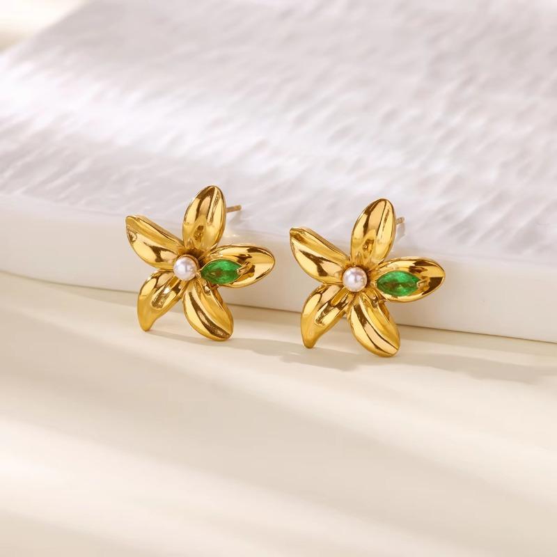 Temperament slightly inlaid zircon shell flower stud earrings high sense fashion exquisite earrings retro personality trend earrings