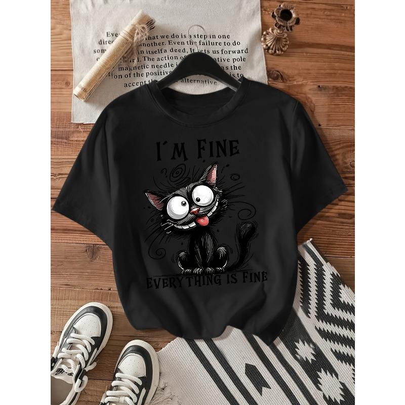 

European sizes Women s Cat Letter Print Short Sleeve T-Shirt - Vintage - Cat Alphabet Top with Round Neck, Blouse for Spring Summer Fall 4XL чорний