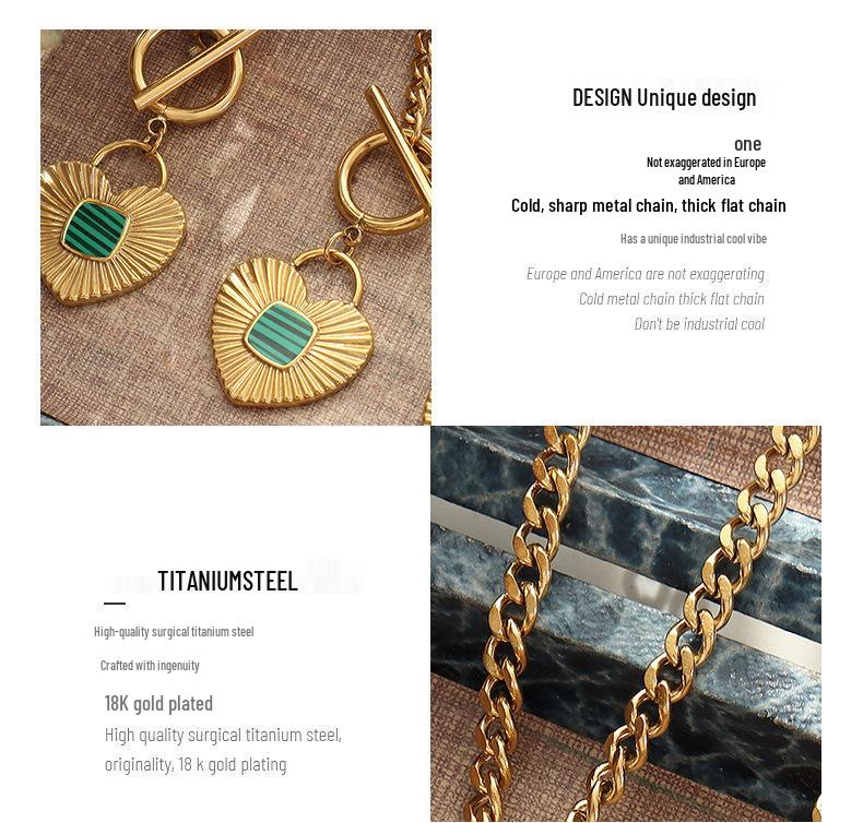 European Retro Style Heart Pendant Necklace with Green Acrylic Inlay, Gold-Plated Titanium Steel Cuban Chain