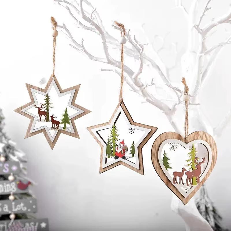 5 Christmas Decorations Wooden Christmas Hollow Christmas Tree Pendant Christmas Atmosphere Decoration Elk Snowman Pendant