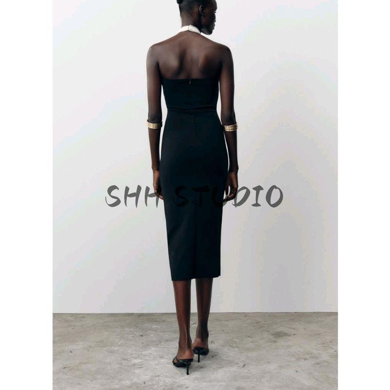 Summer New Product Women's Clothes Minimalist Style Contrast Color Bowknot Decoration Elastic Halterneck Midi Skirt Dress 5584121