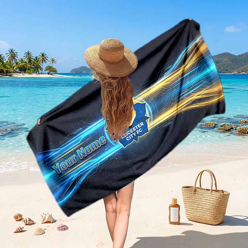 Leicester City Custom Beach Towel, Personalized Name Text Print, Football Logo Soft Quick‑Dry Towel Holiday Gift