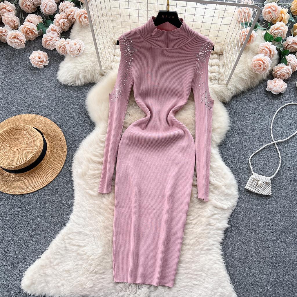 Elegante strass con spalle scoperte manica lunga maglia aderente abito tubino slim basic moda maglione vestido abbigliamento invernale sexy
