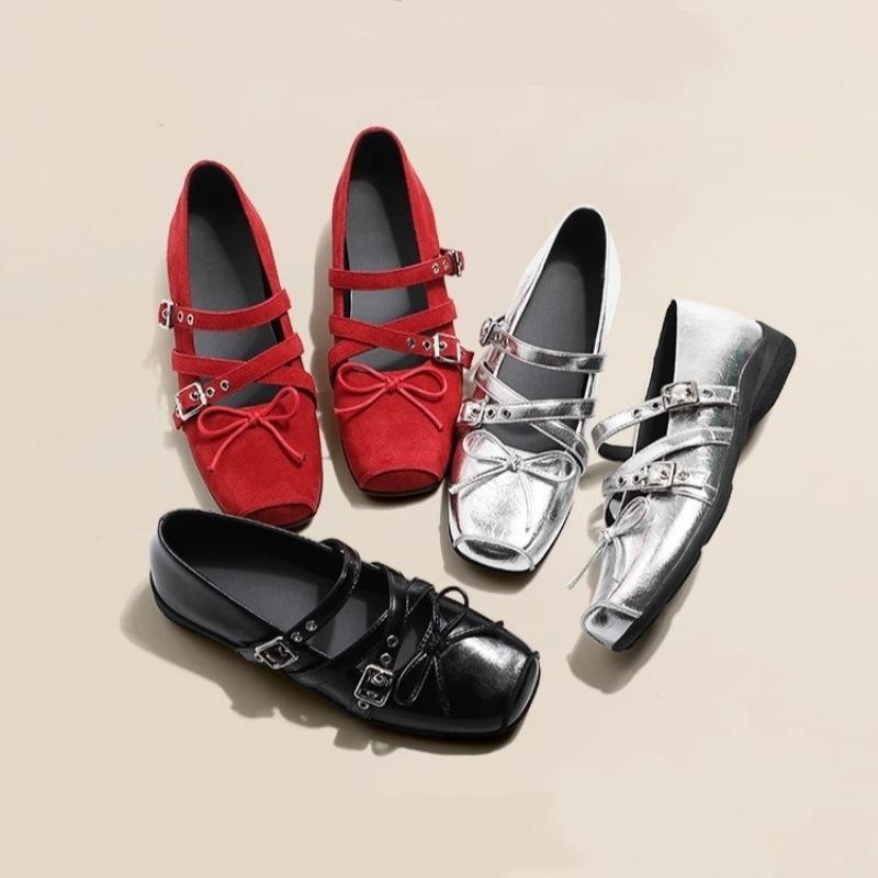 Silver French Retro Ballet Shoes Women's 2025 Summer Square Head Light Mouth Bow Height Increase Within 6 Cm Small Single Shoes
