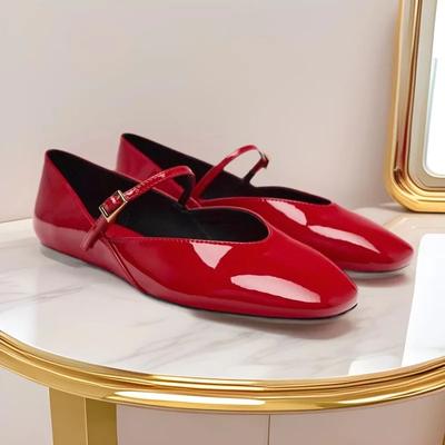 New  Spring Designer Red Women Ballet Shoes Casual Round Toe Flats Buckle Patent Leather Female Dress Shoes