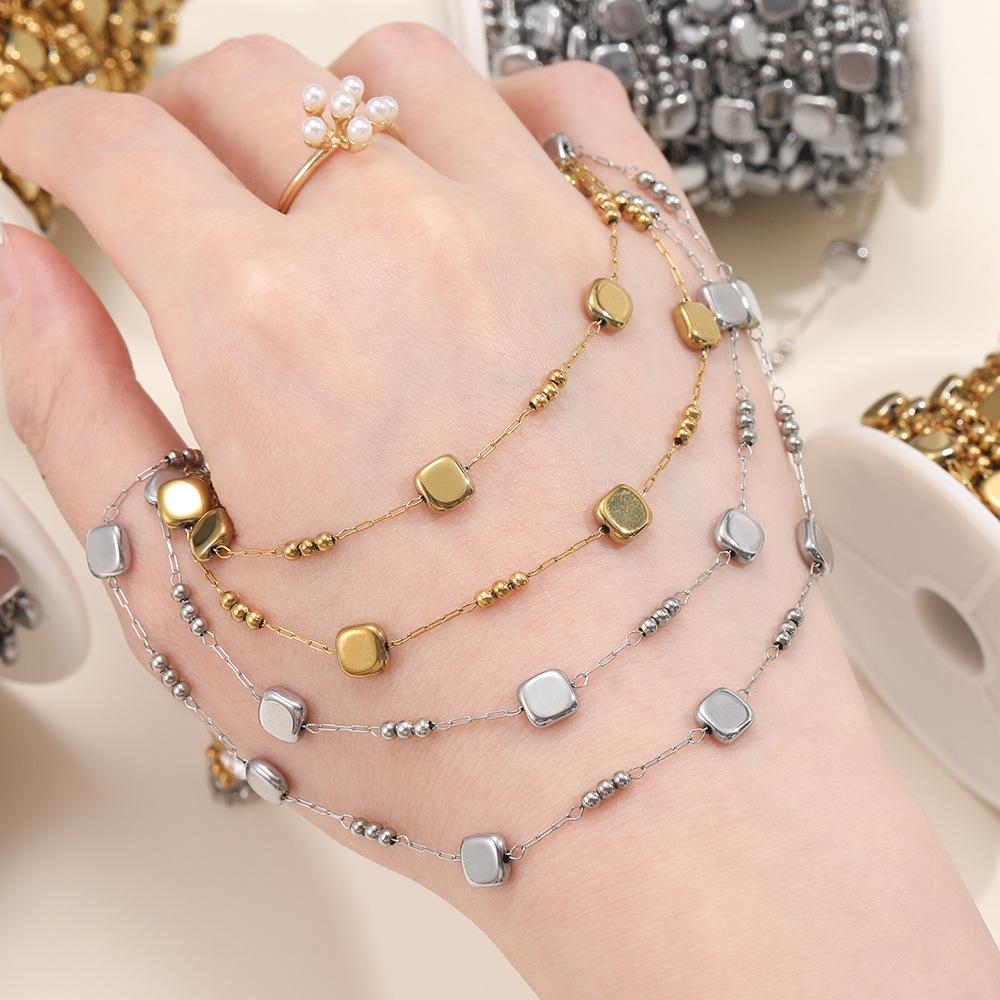 Stainless Steel Square Handmade Chain + Bead Collarbone Chain Handmade DIY Bracelet Necklace Earrings Accessories