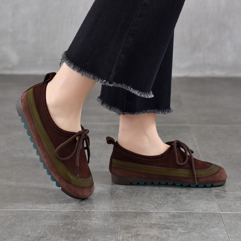 Johnature Soft Cowhide Women's Flat Shoes Genuine Leather Round Toe Mixed Colors Lace Up Casual Shoes