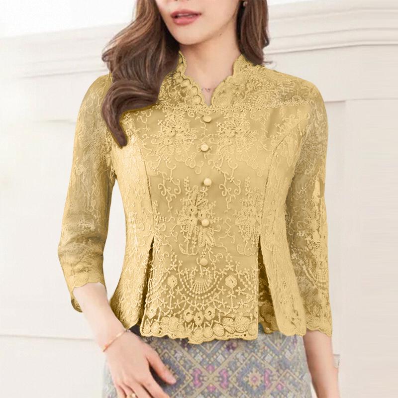 

ZANZEA Элегантная женская повседневная блузка с V-образным вырезом и рукавом 3/4, кружевом с вышивкой 5XL хаки