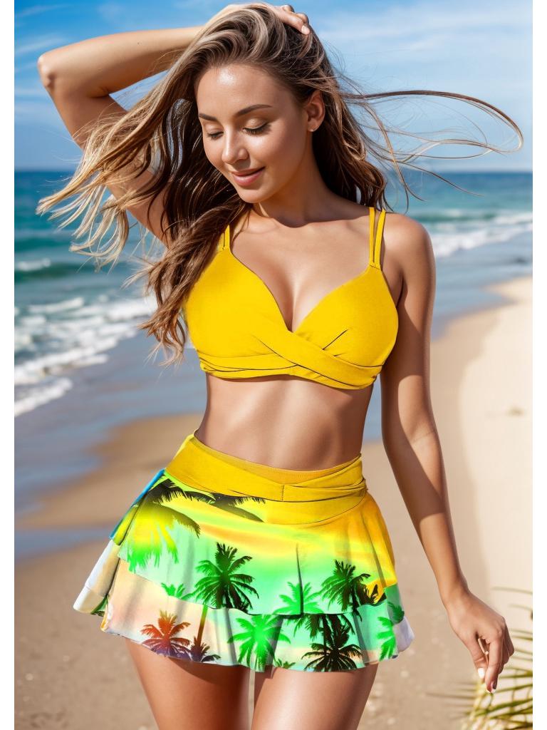 

Раздельный купальник бикини с высоким поясом и оборками с принтом, европейский и американский стиль, 2024 XXXL