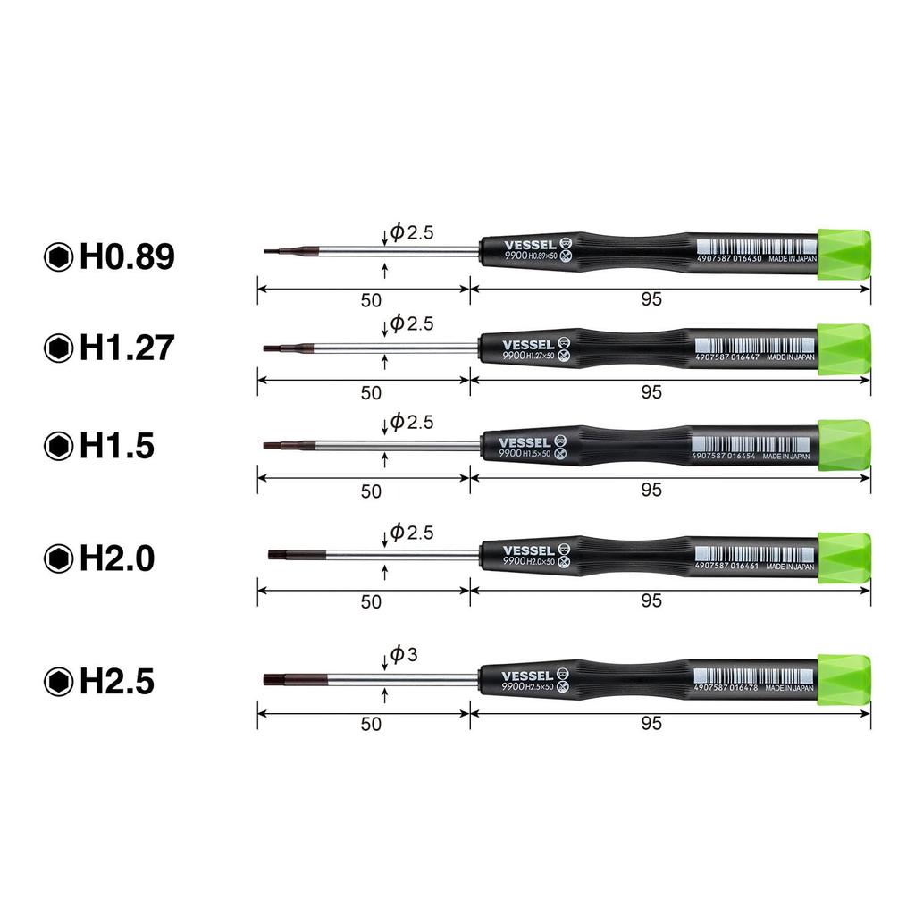 VESSEL Micro Screwdriver Precision Hex Screwdriver and Diameters Set, 5-Piece Set, 0.89mm, 1.27mm, 1.5mm, 2.0mm, 2.5mm (99005HX)