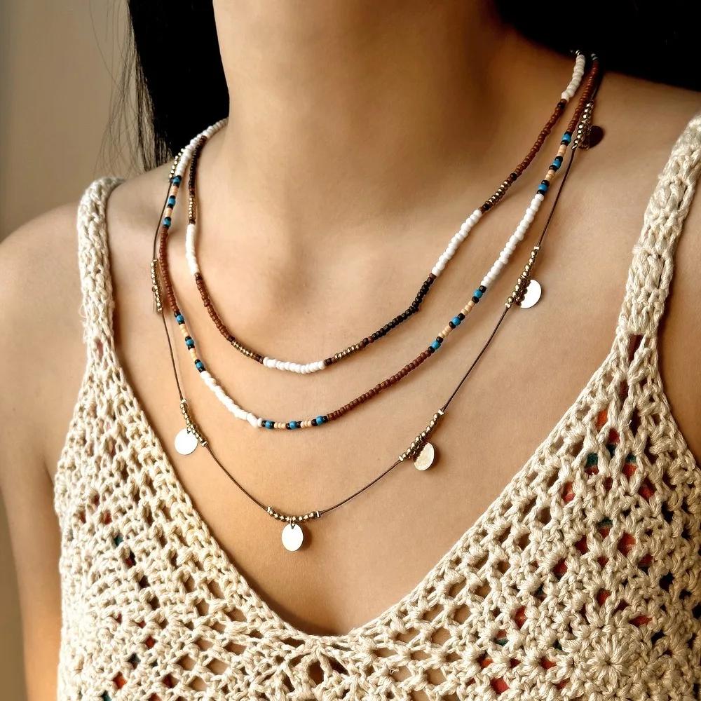 Retro Multi-layer Bead Necklaces Vacation Style Colorful Clavicle Chain Collarbone Chain Choker Bohemian Necklaces Girl