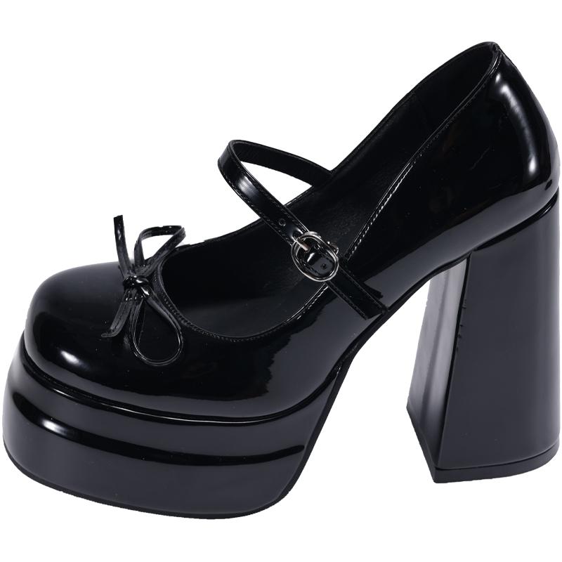 Fashion Super High Heel Mary Jane Shoes Women's Retro Round Toe Shallow Mouth Bow Platform One Strap Block Heel Single Shoes