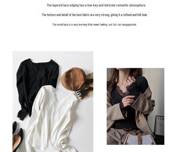 Elegant V-Neck Lace Trim Low-Neck Slimming White Top for Women - Autumn/Winter Innerwear