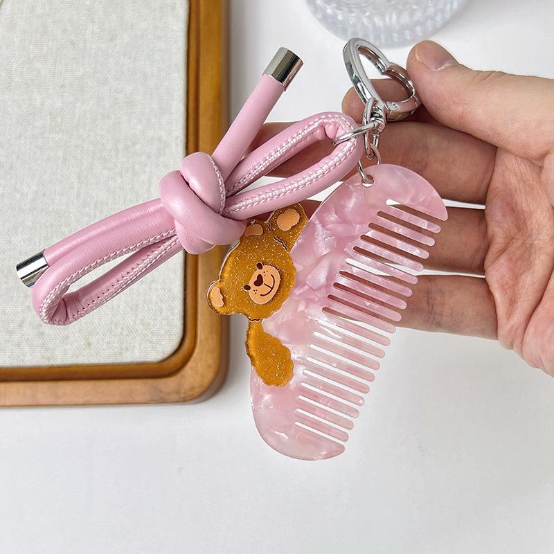 Cute Little Bear  Acetate Comb Pendant  Cartoon Bag Leather Rope  Bow Phone Pendant  Versatile Keychain  Pendant