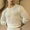 Men Mesh Top See Through Long Sleeves Round Neck Hollow-out Sexy Dress Up Polyester Men Bottoming Shirt Knitted Mesh Top Clothing for Male