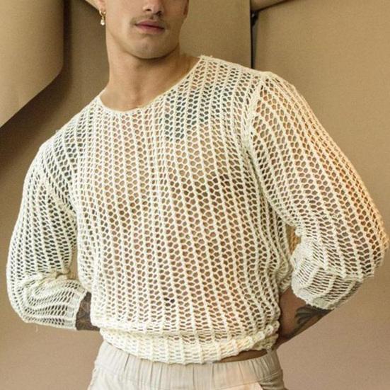 Men Mesh Top See Through Long Sleeves Round Neck Hollow-out Sexy Dress Up Polyester Men Bottoming Shirt Knitted Mesh Top Clothing for Male