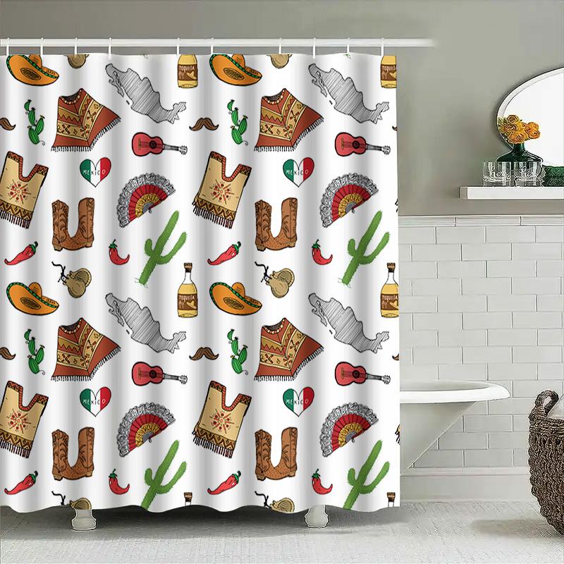 Mexican-Themed Shower Curtain Featuring Mariachi Guitars, Cacti Spanish Textiles Waterproof Fabric Perfect For Bathroom Decor!