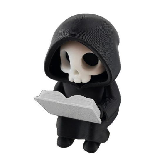 Durable 3D Print Skull Dark Style Halloween Ornament, Mini Printed Hooded Black And White Decor Compact Exquisite Details Sculpture, for Desk