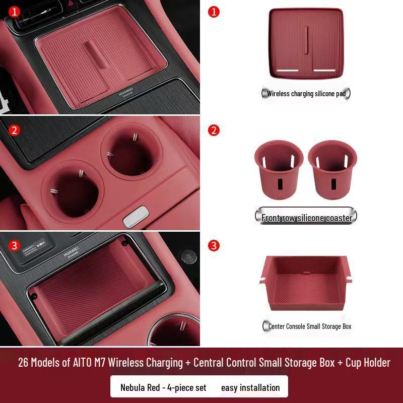 Compatible with 26 AITO M7 models, this silicone car interior set features wireless charging capabilities and decorative modifications.