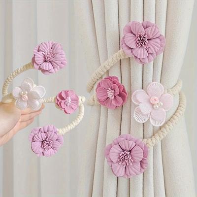 2 Stück Elegante 3D-Blumen-Vorhangraffhalter - Rosa Polyester-Blumen-Design mit Perlenakzenten, Seilartige Textur für Schlafzimmer & Wohnzimmer Heimdekoration