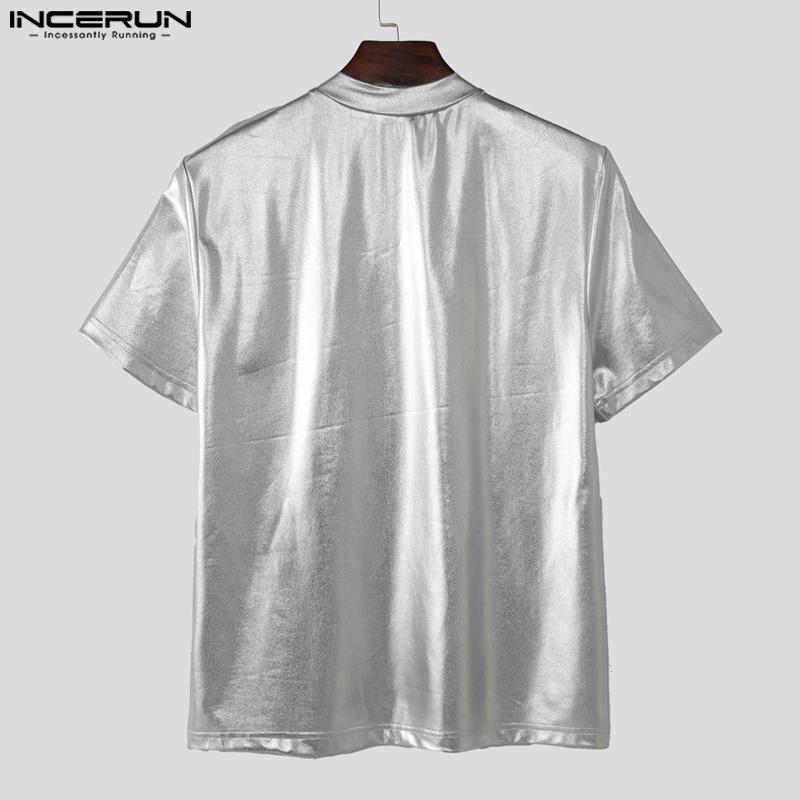 INCERUN Herren T-Shirts Mockneck Kurzarm Glitzer Lässige Figurbetonte Oberteile