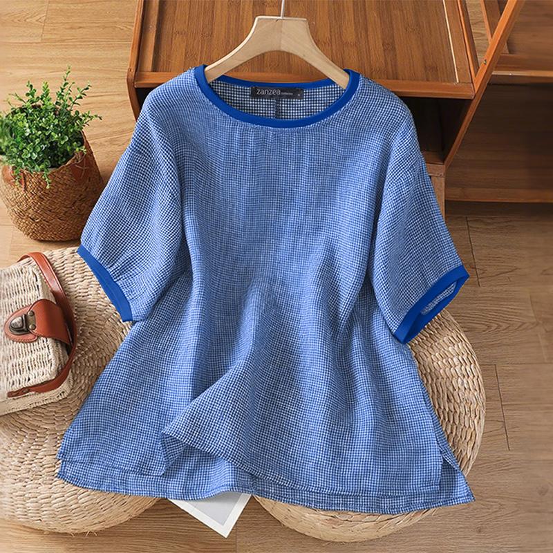 

ZANZEA Женская повседневная блузка с круглым вырезом, коротким рукавом и клетчатым принтом 2XL синий