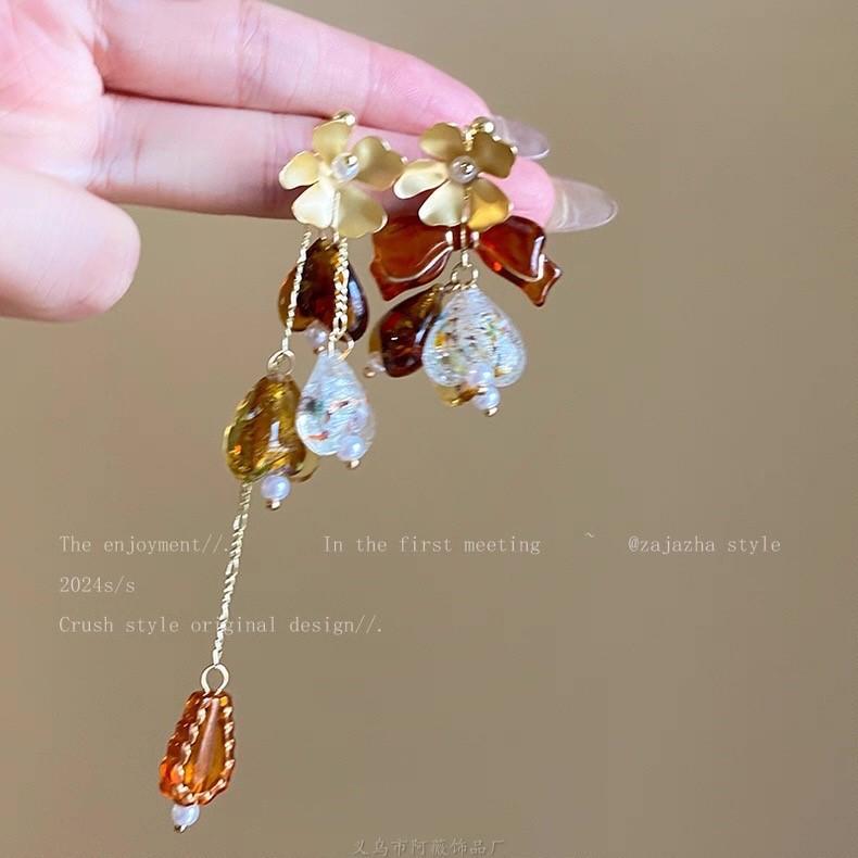 European and American retro fabric flower fringed leopard print earrings earrings personalized temperament earrings women