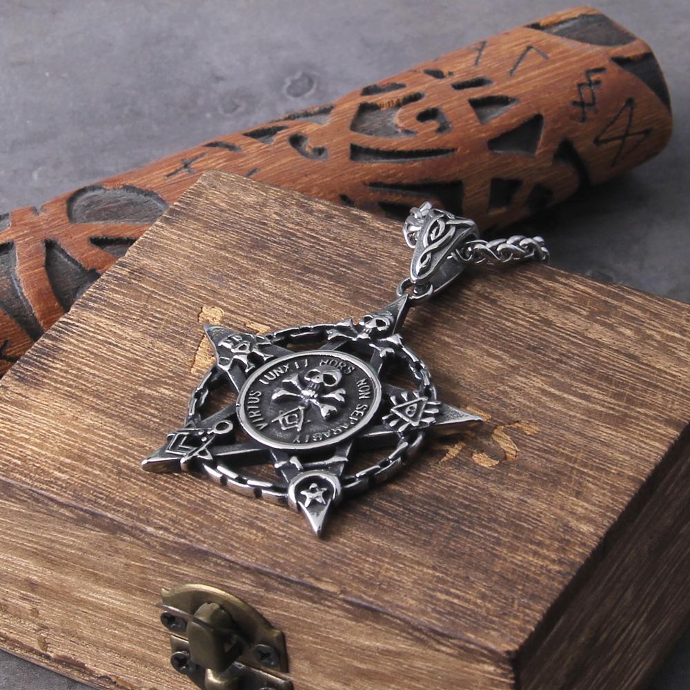 Satan Skull Necklace Stainless Steel Punk Gothic Jewelry with Wooden Box Gift for Men Women