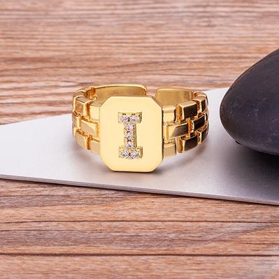 New Arrival Fashion Gold Color Initial Ring Open Design Adjustable Hot Sale Watchband Chain A-Z Letters Zircon Rings For Women